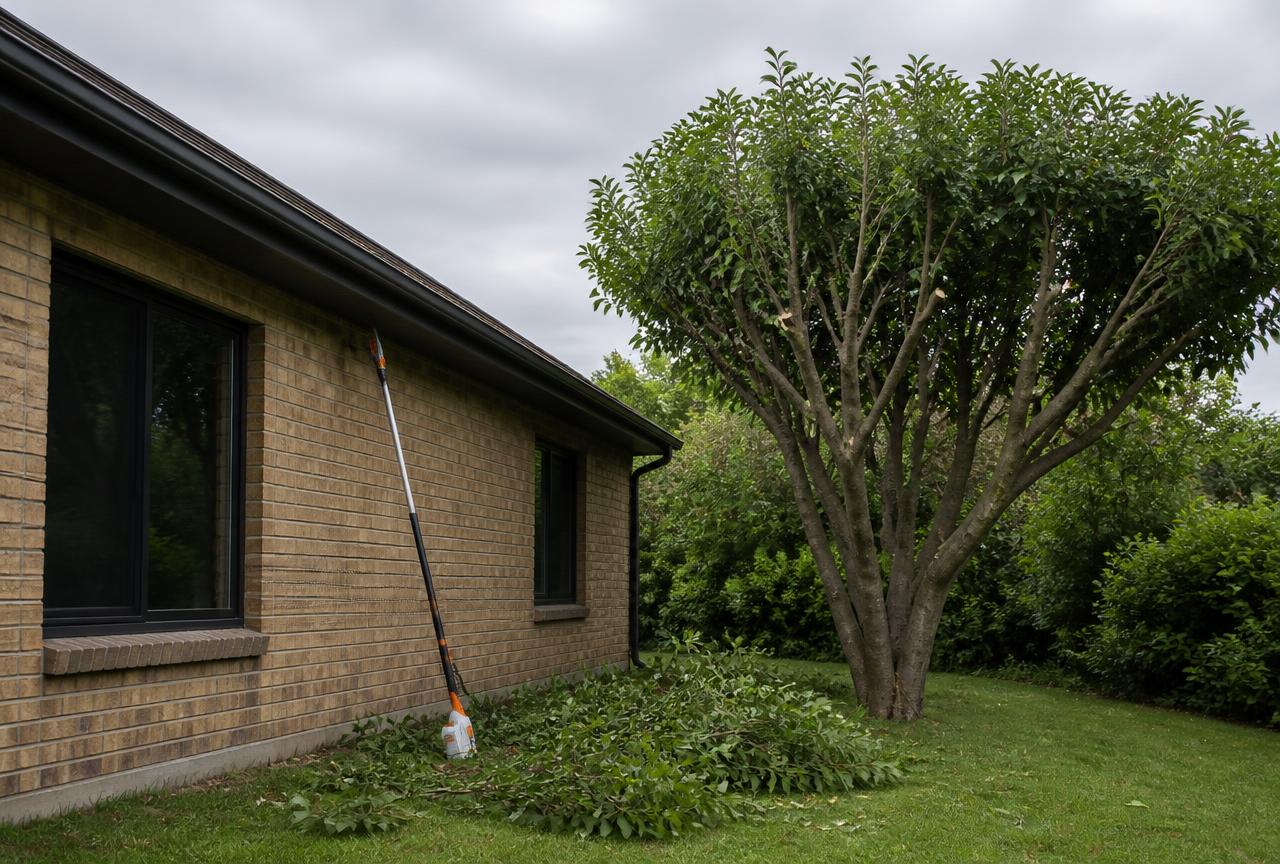 Canopy trimmed back off a roofline with cut branches below